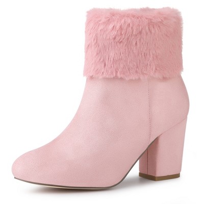 Allegra K Women's Side Zipper Cute Round Toe Faux Fur Chunky Heel Ankle Boots