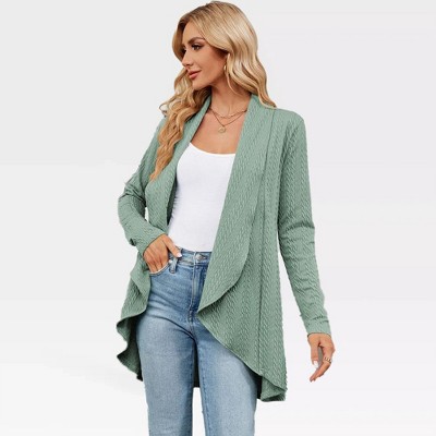 Women's Lightweight Knit Cardigan with Open Front Long Sleeve and Textured Flowy Design and Lapel Neckline