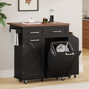 Gulches 47.2" Black Farmhouse Kitchen Island with Drop Leaf - Rolling Cart with Removable Side Shelf, Trash Can Storage - 1 of 4