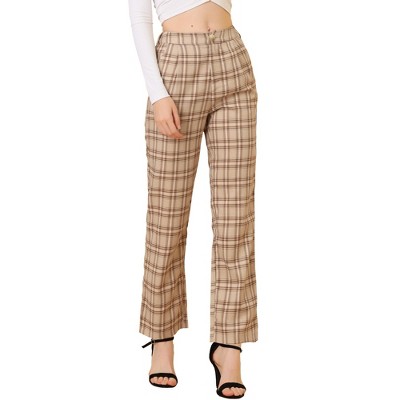 Allegra K Women's Plaid Elastic Waist Casual Work Office Long Trousers  Green Black White Large