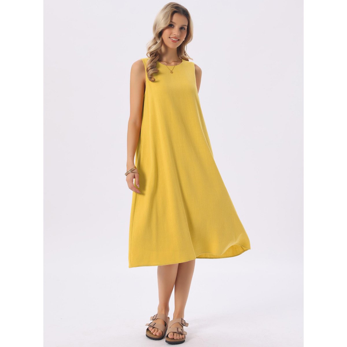 Женские платья INSPIRE CHIC Women's Linen Sleeveless Crew Neck Shift with Pockets Casual Midi Dress Large Yellow — фото 3