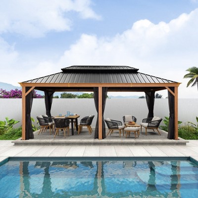 PURPLE LEAF Outdoor Hardtop Gazebo for Patio Galvanized Steel Double Roof Permanent Canopy Teak Finish Aluminum Frame Pavilion Gazebo with Netting