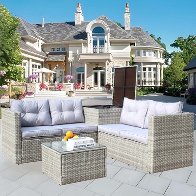 SKRAN 4 Piece Patio Sectional Wicker Rattan Outdoor Furniture Sofa Set with Storage Box for Backyard Poolside Garden,Patio (Grey)