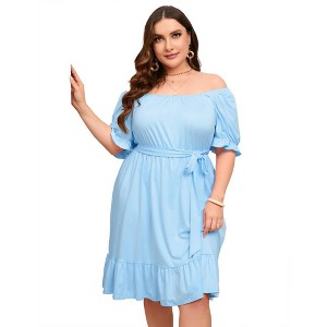 WhizMax Women's Casual Plus Size Square Neck Dress Short Sleeve Dress High Waist Ruffle Summer Midi Dress with Belt - 1 of 4