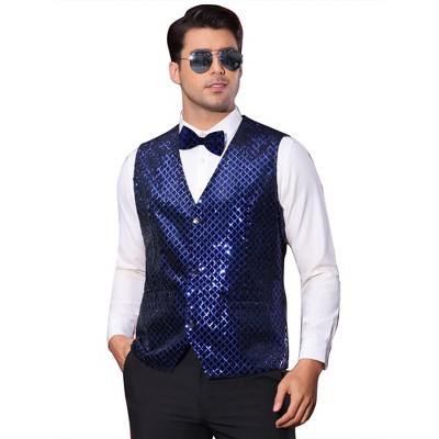 Lars Amadeus Men's V-Neck Party Dress Prom Nightclub Shiny Sleeveless Argyle Sequin Vest