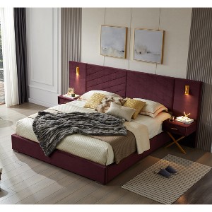 GDFStudio Noxon Modern Velvet Upholstered Bed Frame with Wingback Headboard, LED Lights, and 2 Floating Bedside Tables - 1 of 4