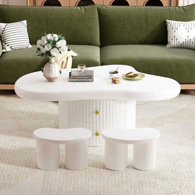 NicBex White Cloud Shape Coffee Table with Storage,Irregular Center Table with Small Stools for Living Room