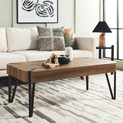 Rustic Mid-Century Brown Wood Coffee Table with Black Metal Legs