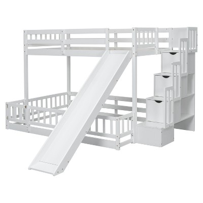 NicBex Twin Over Twin Bunk Bed with Safety Guardrail and Slide,Pine Solid Wooden Loft Bed with Storage Staircase,Bunk Beds for Bedroom,White