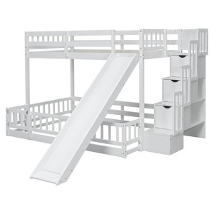 NicBex Twin Over Twin Bunk Bed with Safety Guardrail and Slide,Pine Solid Wooden Loft Bed with Storage Staircase,Bunk Beds for Bedroom,White - 1 of 4