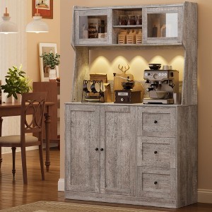67" Tall Kitchen Hutch Storage Cabinet, Farmhosue Coffee Bar Cabinet with 3 Drawers and LED Lights, Freestanding Food Pantry Cabinet with Countertop - 1 of 4
