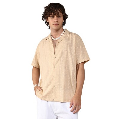 Campus Sutra Men Men's Beige Embroidered Geometric Shirt