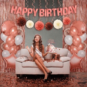 KatchOn, Rose Gold Birthday Decorations Set - Pack of 47 | Rose Gold Fringe Curtain, Happy Birthday Decorations Rose Gold Balloons - 1 of 4