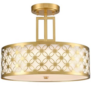 Claxy Modern Drum Brass Gold with Linen Shade LED Dimmable Semi Flush Mount Ceiling Light Fixture - 1 of 4