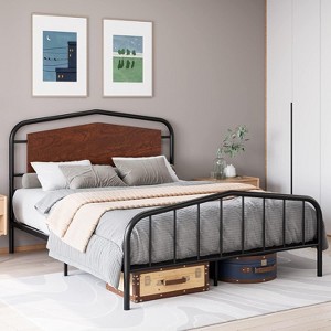Metal Full Bed Frame with Wooden Headboard, Wrought Iron Metal Platform Bed Frame, Under Bed Storage, No Box Spring Required, Easy Assembly, Brown - 1 of 4