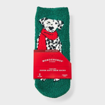 Toddler 2pk Cozy Christmas Dalmatian & Striped Crew Socks with Gift Card Holder - Wondershop™ Dark Green/Red 2T-3T