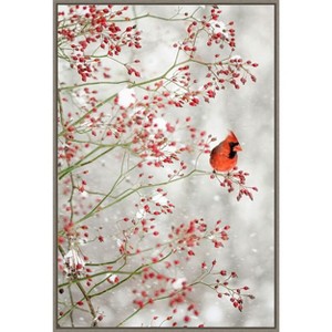 Amanti Art Red Cardinal and Red Berries by Carrie Ann Grippo-pike Canvas Wall Art Print Framed 23-in. x 33-in. - 1 of 4
