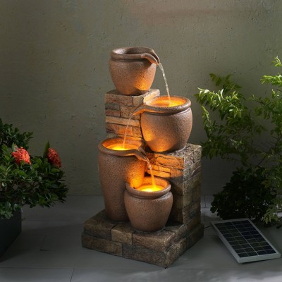 30.71" Rustic Brown Solar Powered 4-Tier Cascading Bowl Water Fountain