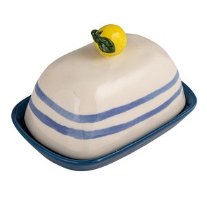 Storied Home Hand-Painted Stoneware Butter Dish with Lemon Shaped Handle and Stripes, Multicolor - 1 of 4