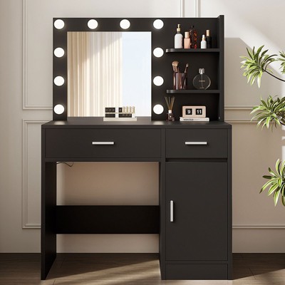 HYLEORY Vanity Desk with Mirror, Power Outlet and 10 Lights, Makeup Table with 3 Drawers,3 Color Modes Available for Bedroom