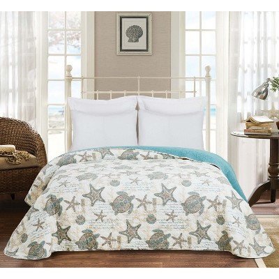 Amber Sands Coastal Blue Cotton Reversible Quilt Set
