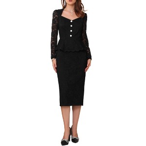 INSPIRE CHIC Women's Lace Formal Sweetheart Neck Long Sleeve Peplum Waist Button Decor Elegant Cocktail Midi Skirt Sets - 1 of 4