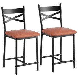 Set of 2 Counter Height Bar Stools with Back, Upholstered Faux Leather Bar Chairs with Thick Cushion and Footrest - 1 of 4