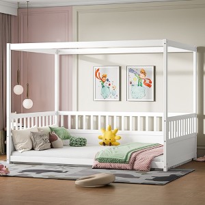 CAVINAS Twin/Full Size Canopy Floor Beds with Guardrails for Kids,Wooden Canopy Toddler Bed,Floor Bed Frame for Girls,Boys,Box Spring Required - 1 of 4