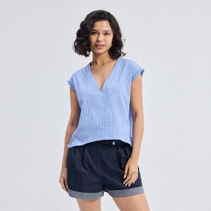 Reistor Women's Boxy V-neck Top in Blue Stripes - 1 of 4