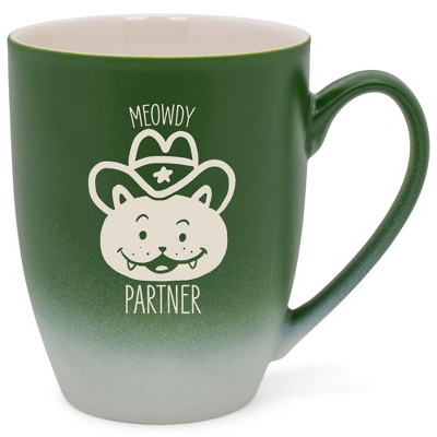 100 North Cowboy Hat Kitten 10 Ounce Green and White Two Toned Ombre, Comfortably Fits Your Hands, Ceramic Tea Coffee Cup Mug, Meowdy Partner