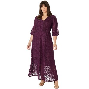 Roaman's Women's Plus Size Blouson-Sleeve Lace Maxi Dress - 1 of 4