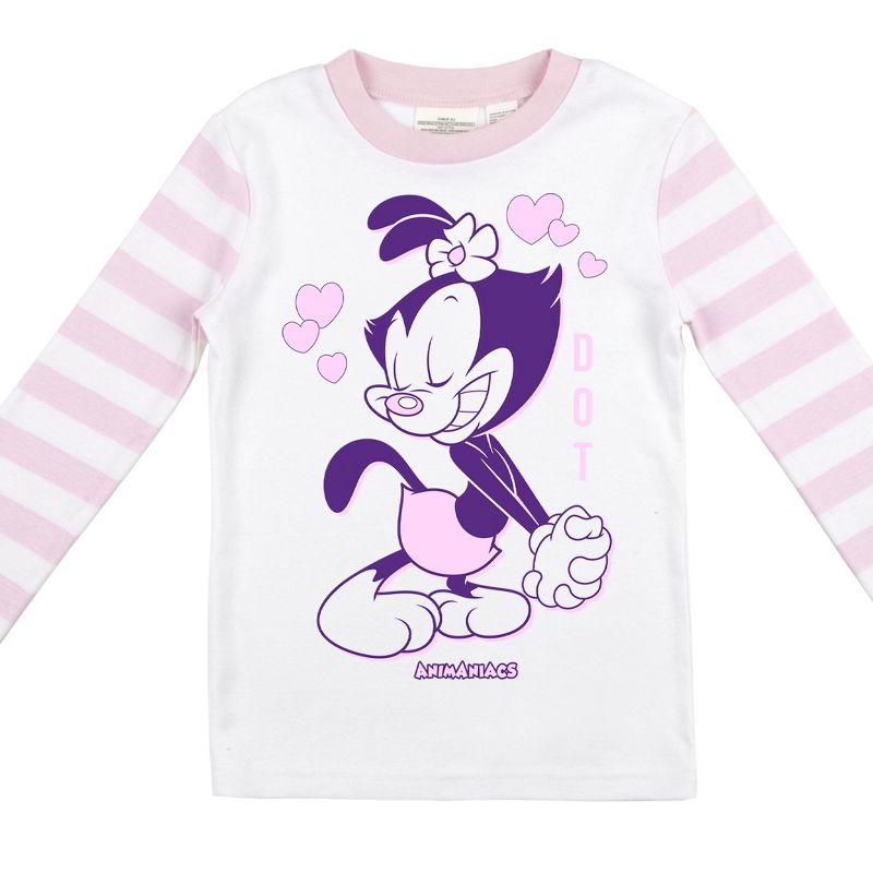 Animaniacs Dot and Hearts with Pink and White Stripe Pattern Youth Girl's Long Sleeve Pajama Set, 3 of 5