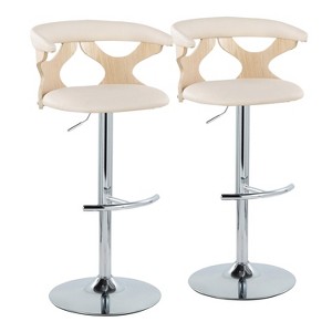 LumiSource Set of 2 Gardenia Adjustable Barstools Chrome Metal/Natural Wood/Cream PU - 1 of 4