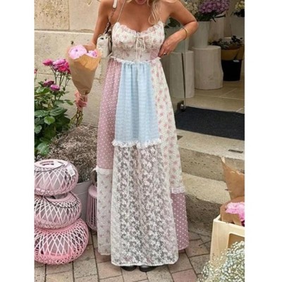 Nmoder  Women Floral Flowy Maxi Dress Long Dress Cute Spaghetti Strap V Neck Low Cut Beach Sundress