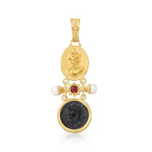 Ross-Simons Italian Tagliamonte Black Onyx and .30 Carat Ruby Cameo Pendant With Cultured Pearls in 18kt Gold Over Sterling Size 2.63 - 1 of 3