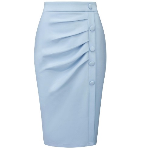 Hobemty Women's Pencil Skirt High Waist Pleated Front Work Midi Skirts  Light Blue X-Large