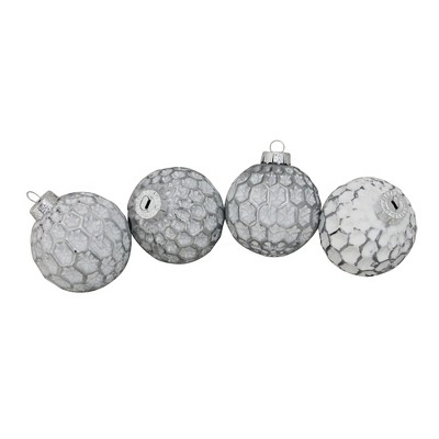 Northlight 4ct White and Gray Matte Honeycomb Glass Christmas Ball Ornaments 3.25" (80mm)