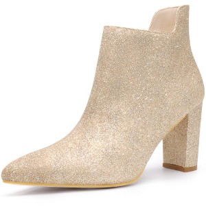 Allegra K Women's Pointed Toe Cutout Block Heels Glitter Ankle Booties - 1 of 4