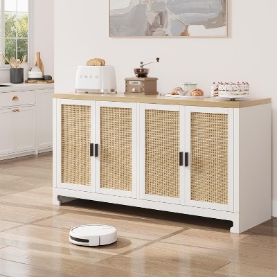 Rattan Buffet Cabinet with 4 Doors and Shelf, Sideboard Accent Cabinet for Dining Room, Living Room, Hallway