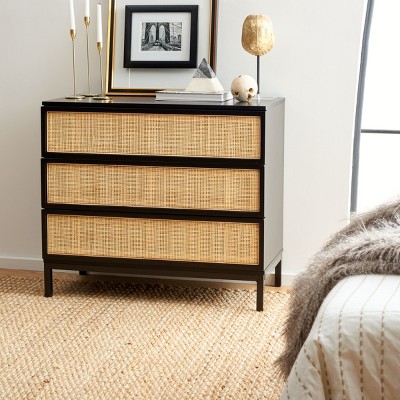 Black and Natural Rattan 3-Drawer Chest