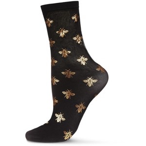 Memoi Women's Gold Foil Beautiful Bee Sheer Fashion Crew Sock - 1 of 4