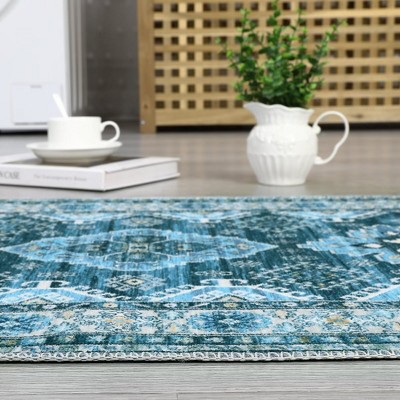 Blue Floral Chenille Washable Non-Slip 8' x 10' Area Rug