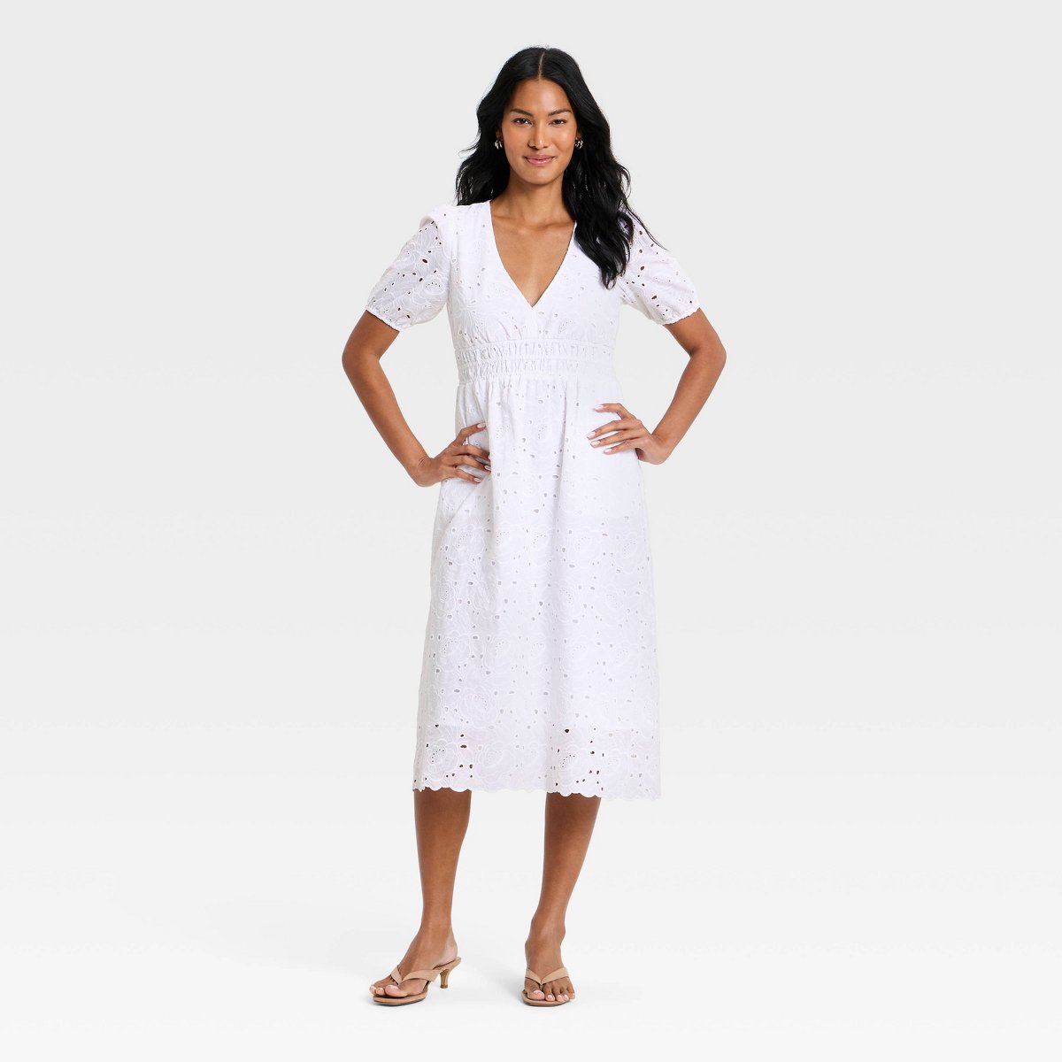 Женские платья A New Day Women's Puff Elbow Sleeve Eyelet Midi Empire Waist Dress - A New Day™ White XS — фото 3