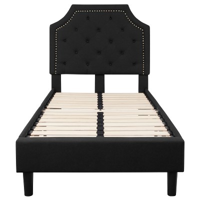 Elegant Twin-Sized Black Upholstered Bed with Tufted Headboard and Gold Nailhead Trim