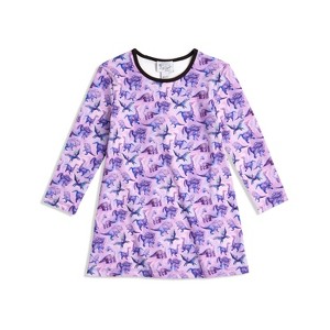 The Pink Picket Fence Suzie Dino Dress for Girls – Long Sleeve, Stretchy and Soft Play Dress – Hand-Painted Dinosaur Print - 1 of 4