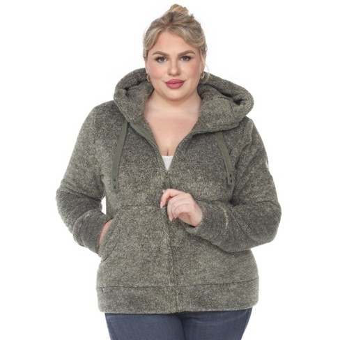 Plus Size Hooded High Pile Fleece Jacket Olive 2X White Mark