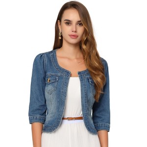 INSPIRE CHIC Women's Collarless Pockets 3/4 Sleeve Denim Jackets - 1 of 4