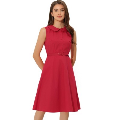 Allegra K Women's Summer Peter Pan Collar A-Line Sleeveless Belt Shirt Dress