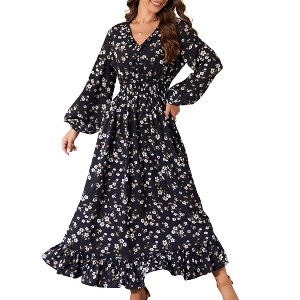 Casual V Neck Boho Floral Print Wedding Guest Maxi Dresses for Women Bohemian Flowy Maxi Dress - 1 of 4