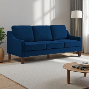 74" Velvet 3-Seater Sofa with Scooped Armrest, Wood Legs & Removable Cushions - 1 of 4
